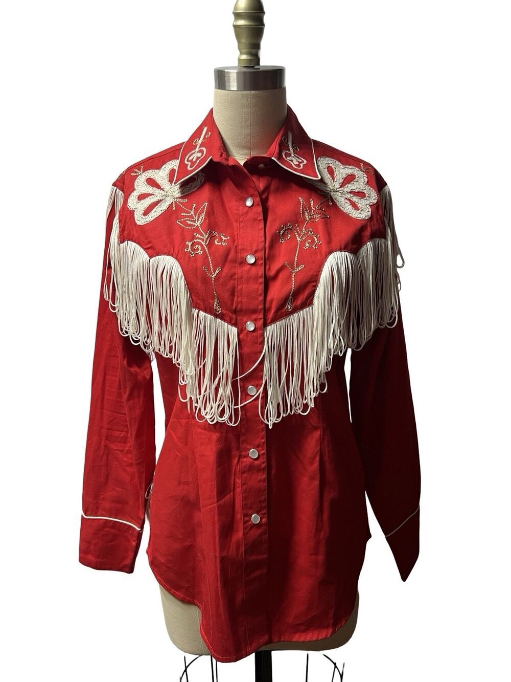 Rockmount Ranch Wear Red Embroidery Western Fringe "Vintage" Style Shirt SZ M